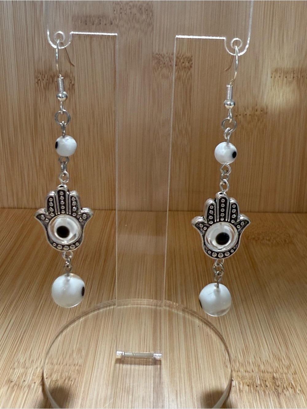 Silver Hamsa Hand Drop Earrings with White Beads - Unbranded